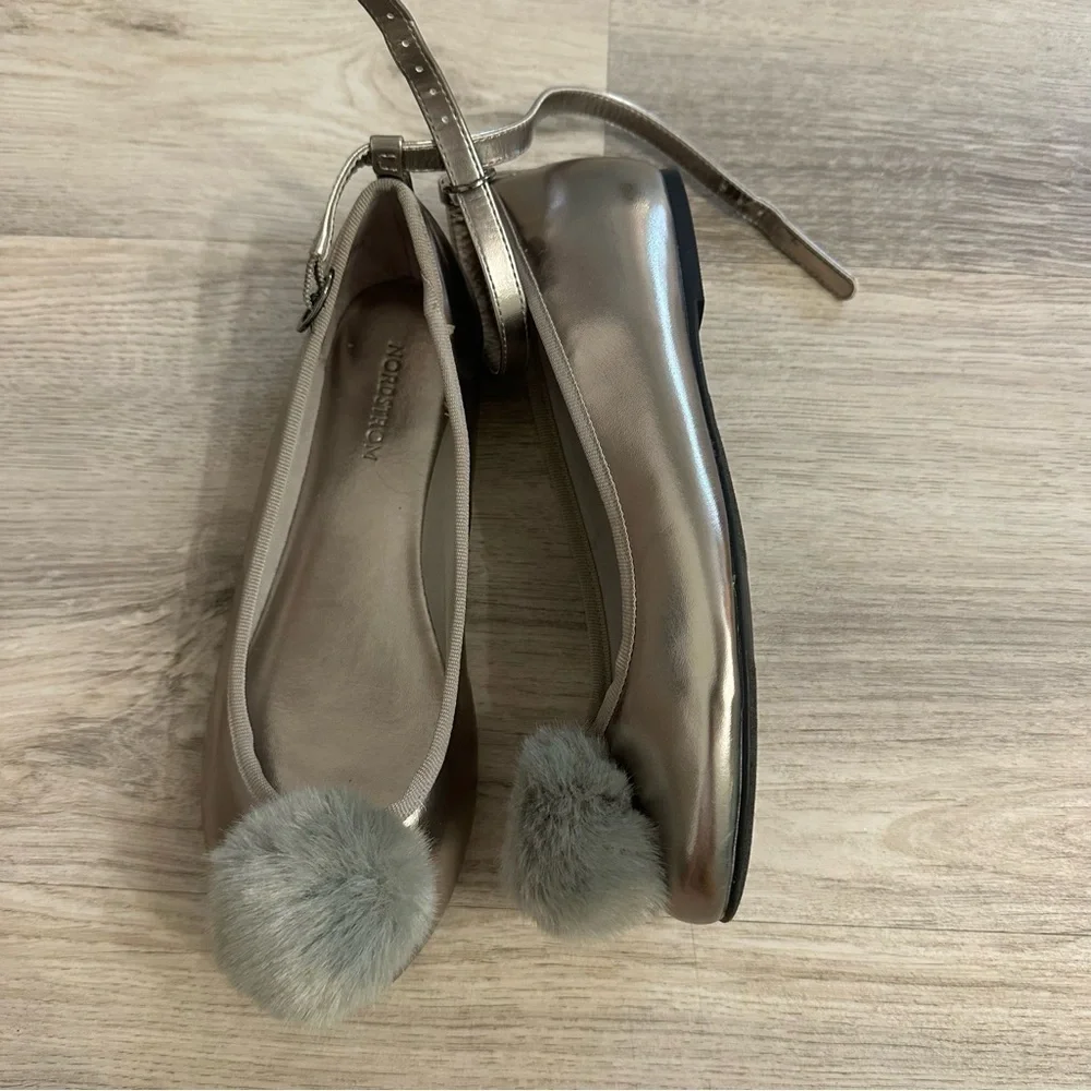 Nordstrom Bella Pom Pom Ankle Strap Flats Girls Size 5 Gray